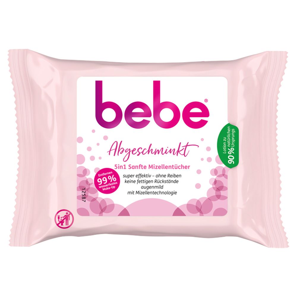 Rosa Verpackung mit "bebe" Logo und Schriftzug "Abgeschminkt". Enthält Mizellentücher. 99% Inhaltsstoffe natürlichen Ursprungs.