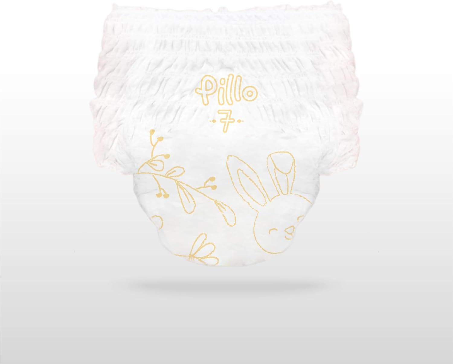 Pillo Pants Windel, Größe 7. Mit Hasenmuster und floralen Elementen. Elastischer Bund.