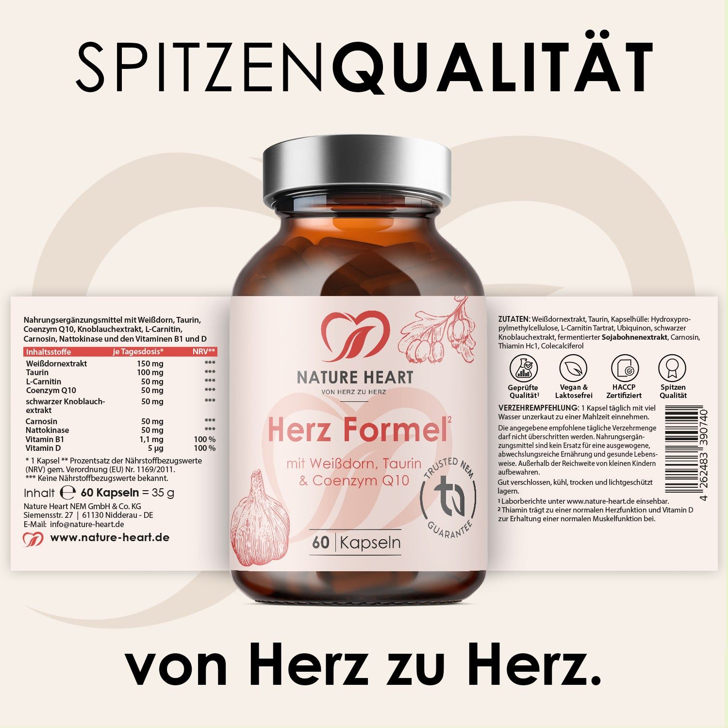 Braunglasflasche mit 60 Kapseln Herz Formel von Nature Heart. Beilage mit Inhaltsstoffen und Siegeln wie HACCP, Trusted NEM Guarantee.