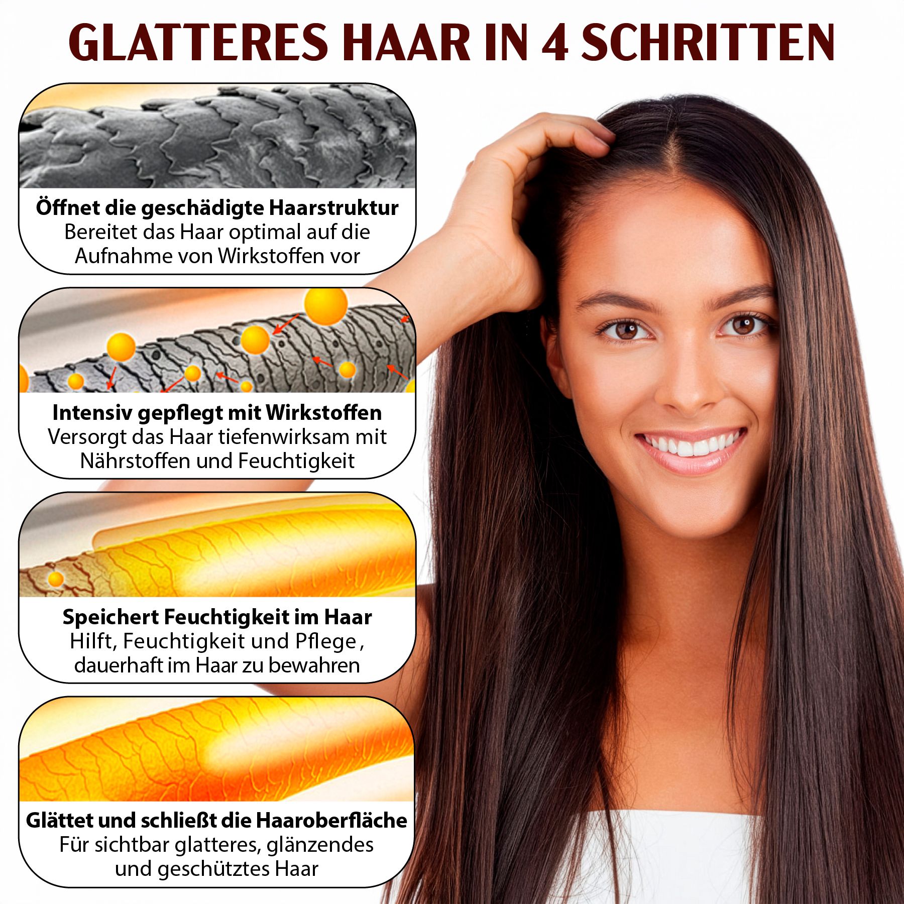 Vier Schritte zur Glättung von Haaren: geschädigte Haarstruktur öffnen, intensiv pflegen, Feuchtigkeit speichern, Haaroberfläche glätten.