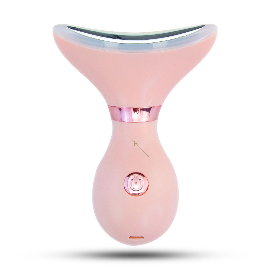 Rosa Hals- und Kieferlinien-Definierer mit LED-Lichtern. Ein-Aus-Taste und Ladeanschluss.