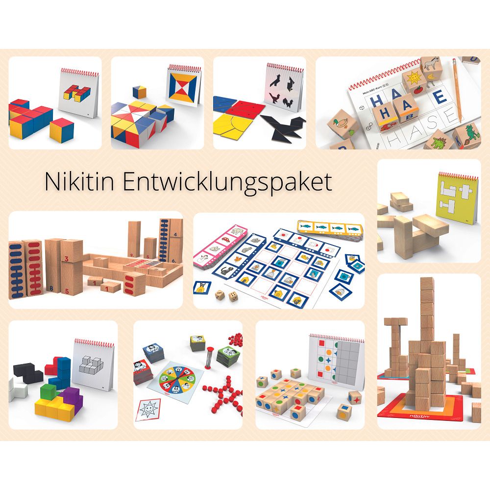 Verschiedene Lernspiele-Sets, Holzbausteine, Karten und Spielbretter. Titel: Nikitin Entwicklungspaket.