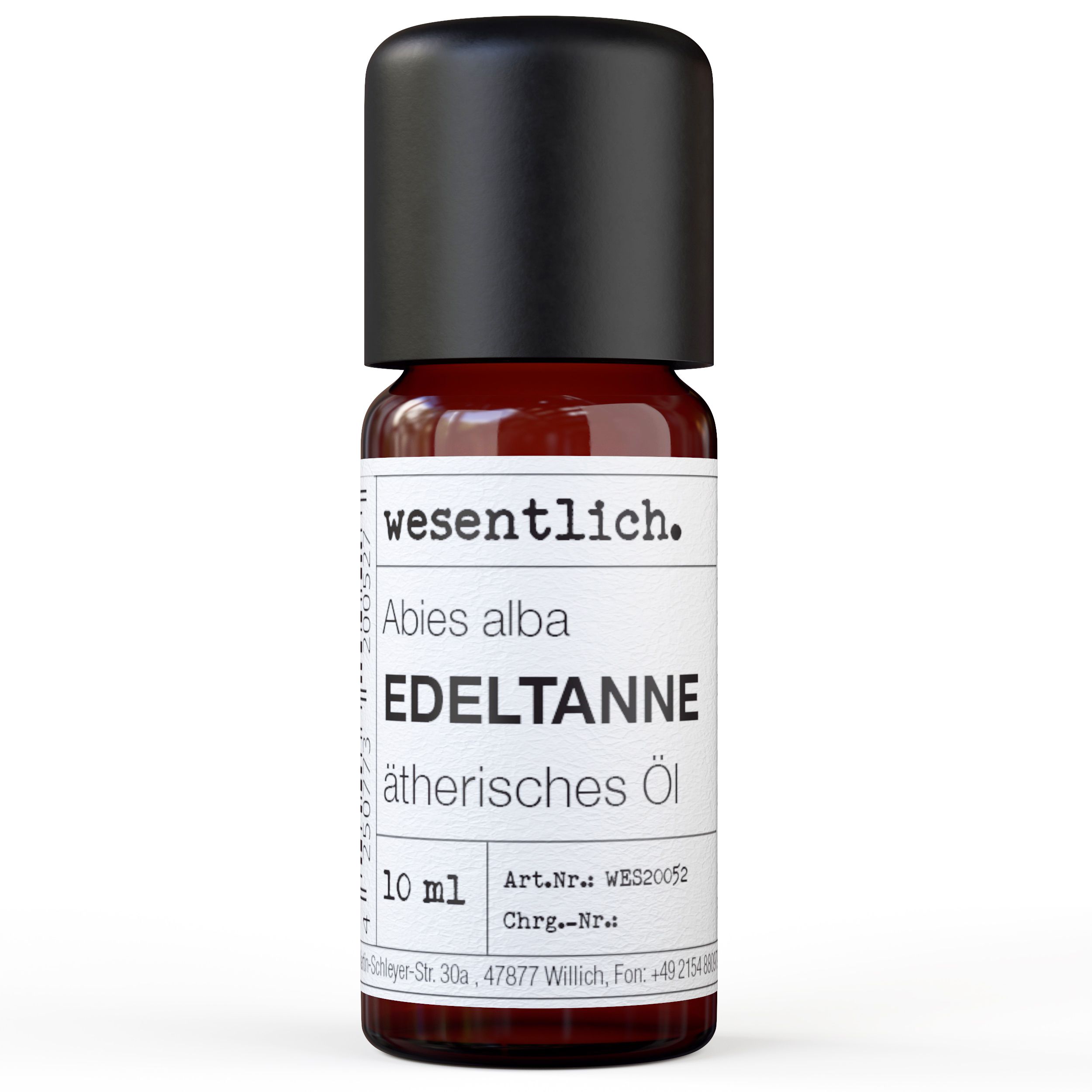 Braune Glasflasche mit schwarzem Deckel. Etikett mit Text: Edeltanne, ätherisches Öl, 10 ml. Marke: wesentlich.