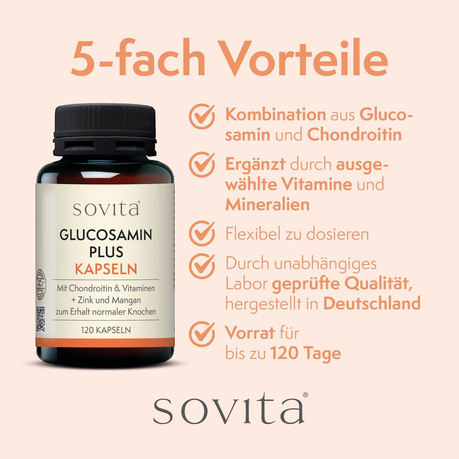 Braune Glasflasche mit sovita Glucosamin Plus Kapseln. 5 Vorteile: Glucosamin & Chondroitin, Vitamine, dosierbar, Labor geprüft, Vorrat.