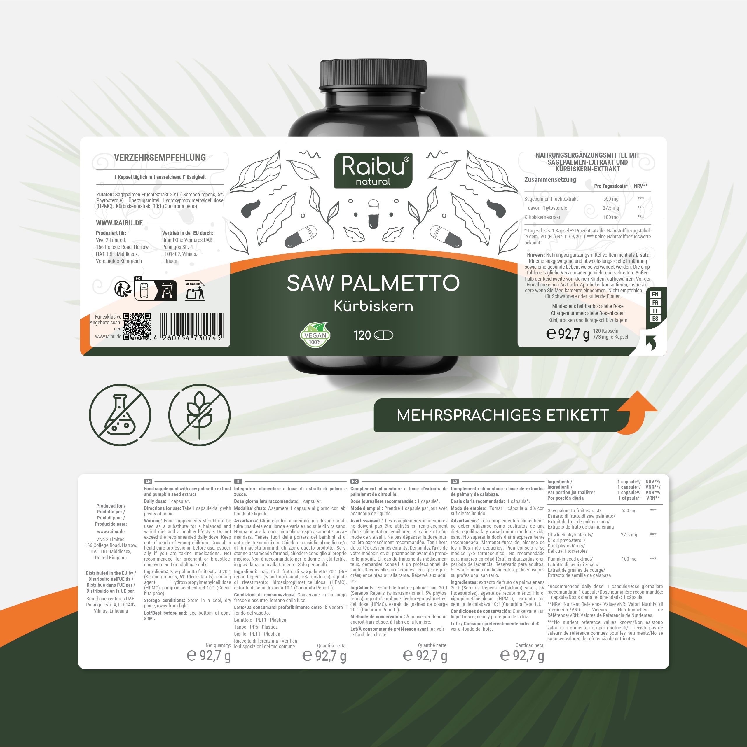 Produktetikett mit Informationen. Aufschrift: Saw Palmetto, Kürbiskern, 120 CD. Mehrsprachiges Etikett.