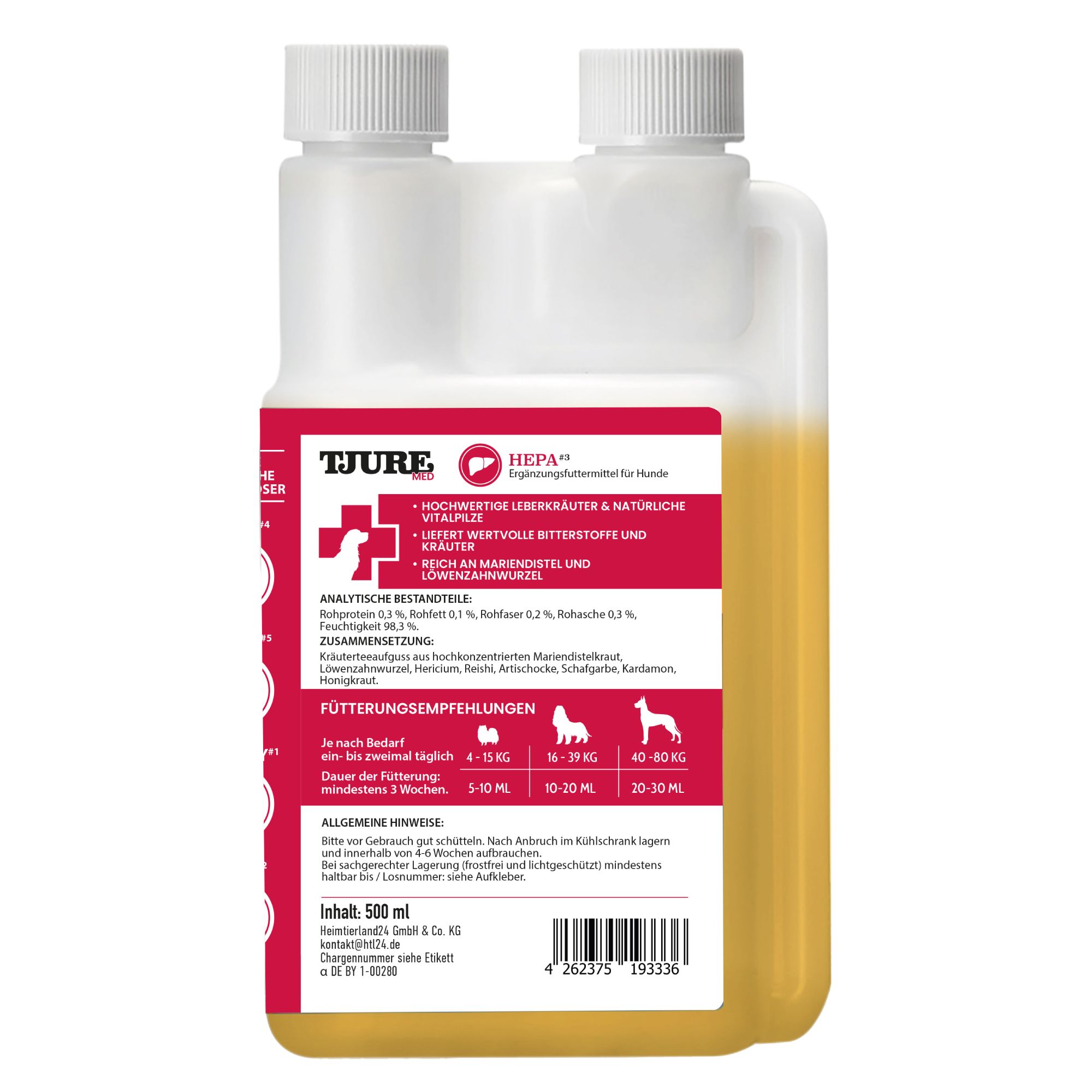 Doppelflasche mit gelber Flüssigkeit. Etikett mit Inhaltsstoffen, Fütterungsempfehlungen und TJURE MED Logo. Leberpflege für Hunde.