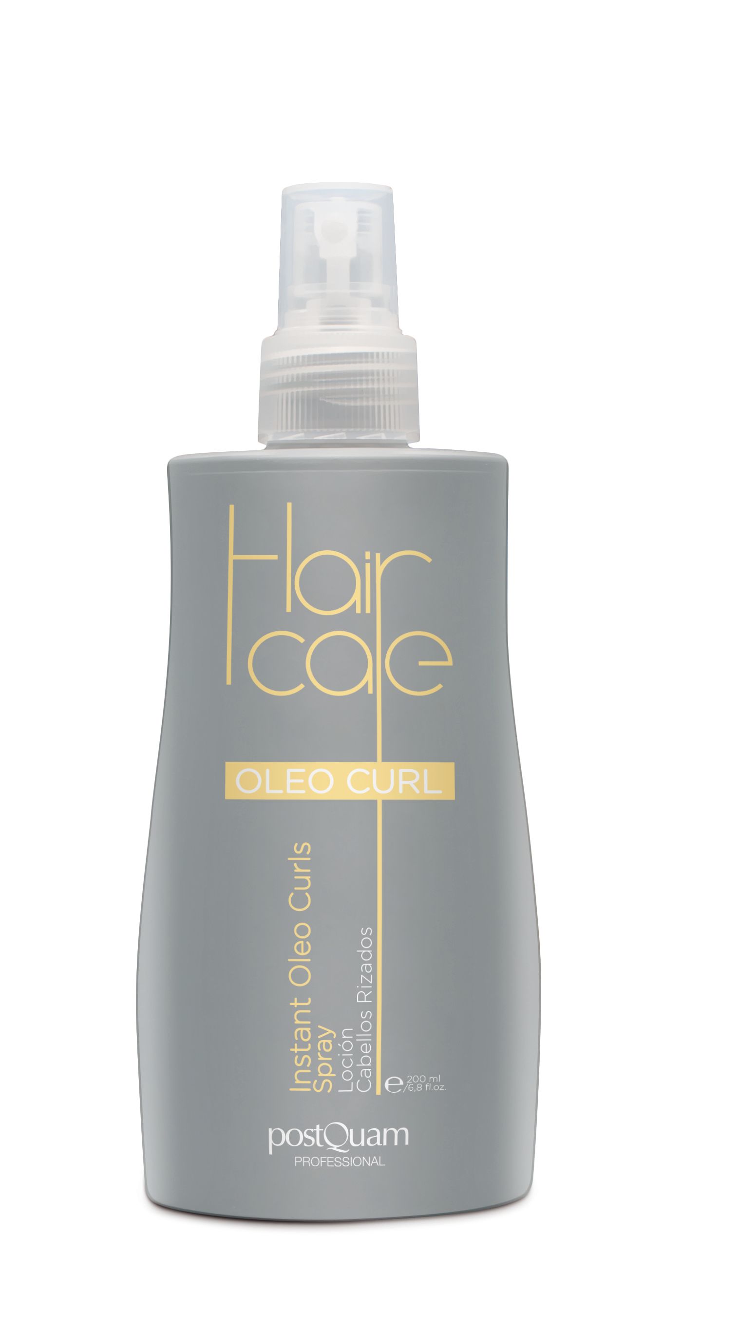 Graue Sprühflasche mit Aufschrift Hair Care Oleo Curl. Enthält 200 ml. Marke PostQuam Professional.