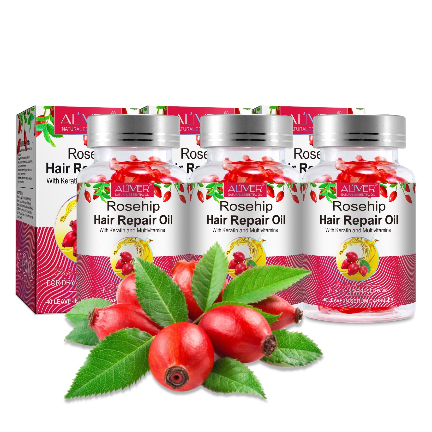 Mehrere Flaschen und eine Verpackung von ALIVER Haaröl Hagebuttenöl in Kapseln. Rote Hagebutten und grüne Blätter liegen davor.