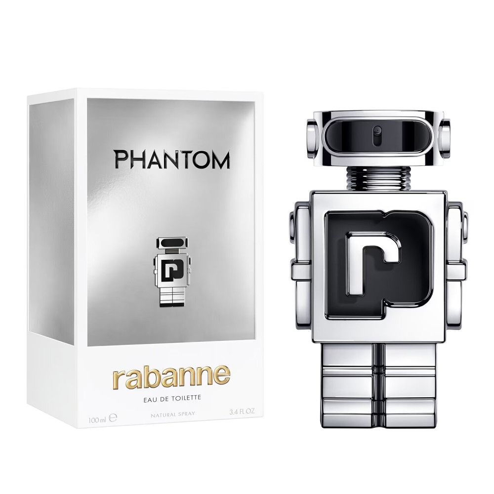 Paco Rabanne Phantom Eau de Toilette Flakon und Verpackung. Silberner Roboterflakon neben weißer Schachtel.