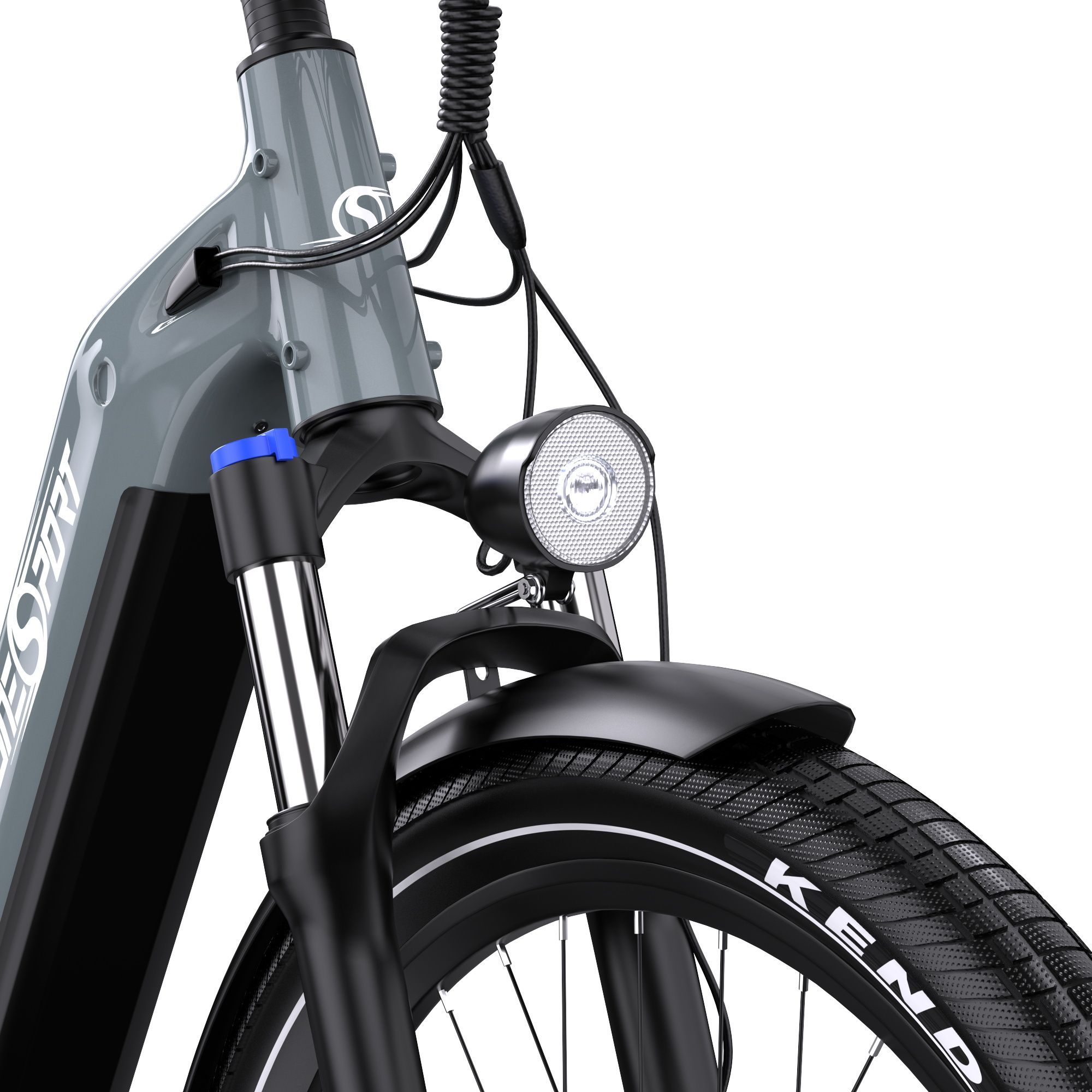Nahaufnahme des Vorderrads und Scheinwerfers eines grauen E-Bikes. Marke ONESPORT.