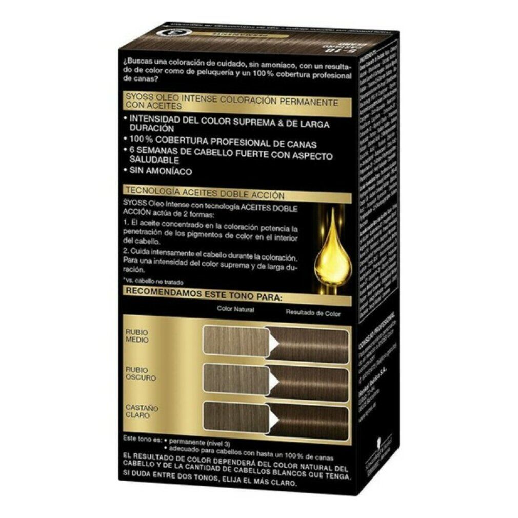 Rückseite der Syoss Oleo Intense Haarfarbenverpackung. Textinformationen zu Inhaltsstoffen, Anwendung und Farbergebnissen.