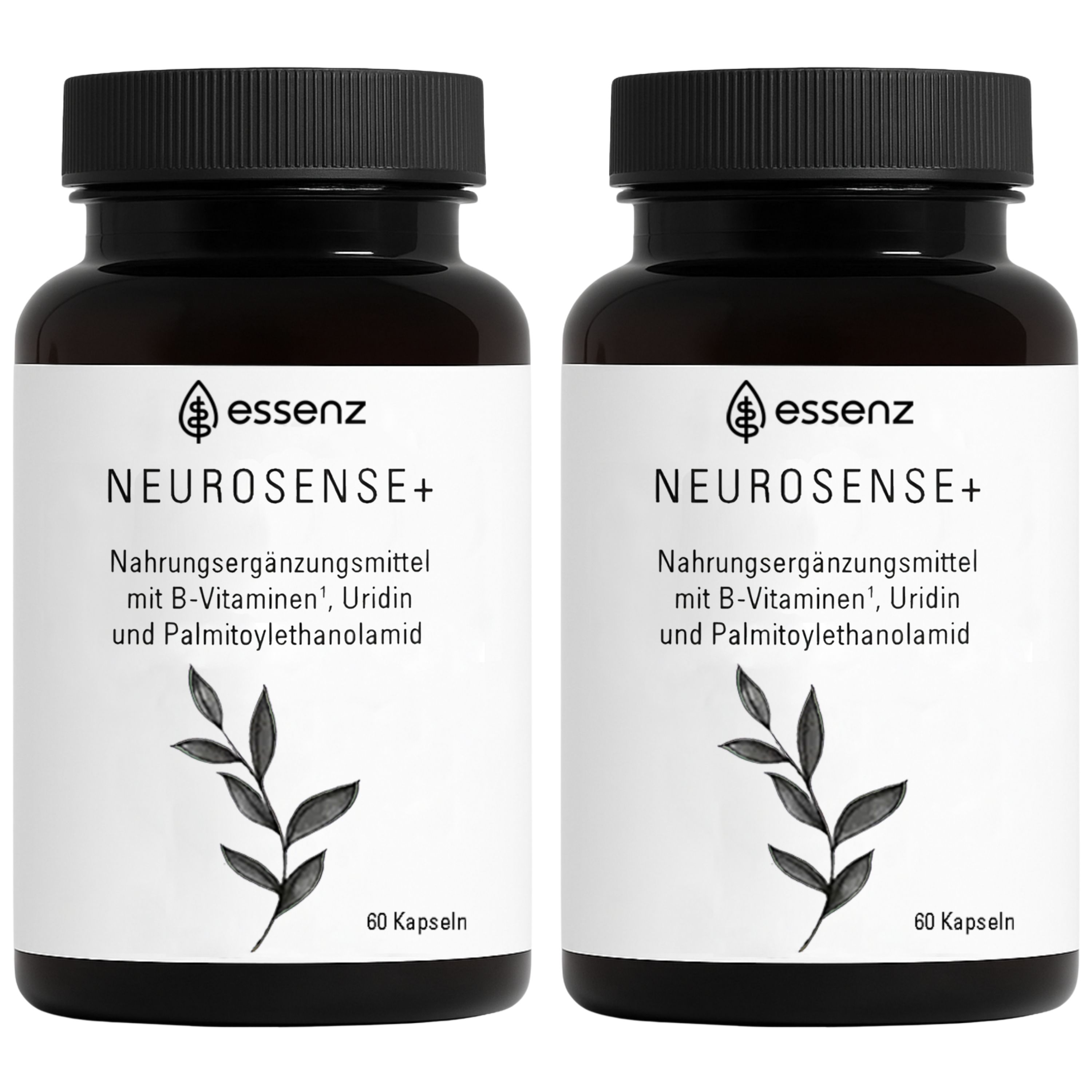 Zwei Flaschen Essenz Neurosense+ Kapseln mit je 60 Kapseln, schwarze Schraubverschlüsse, weiße Etiketten mit Pflanzenmotiv.