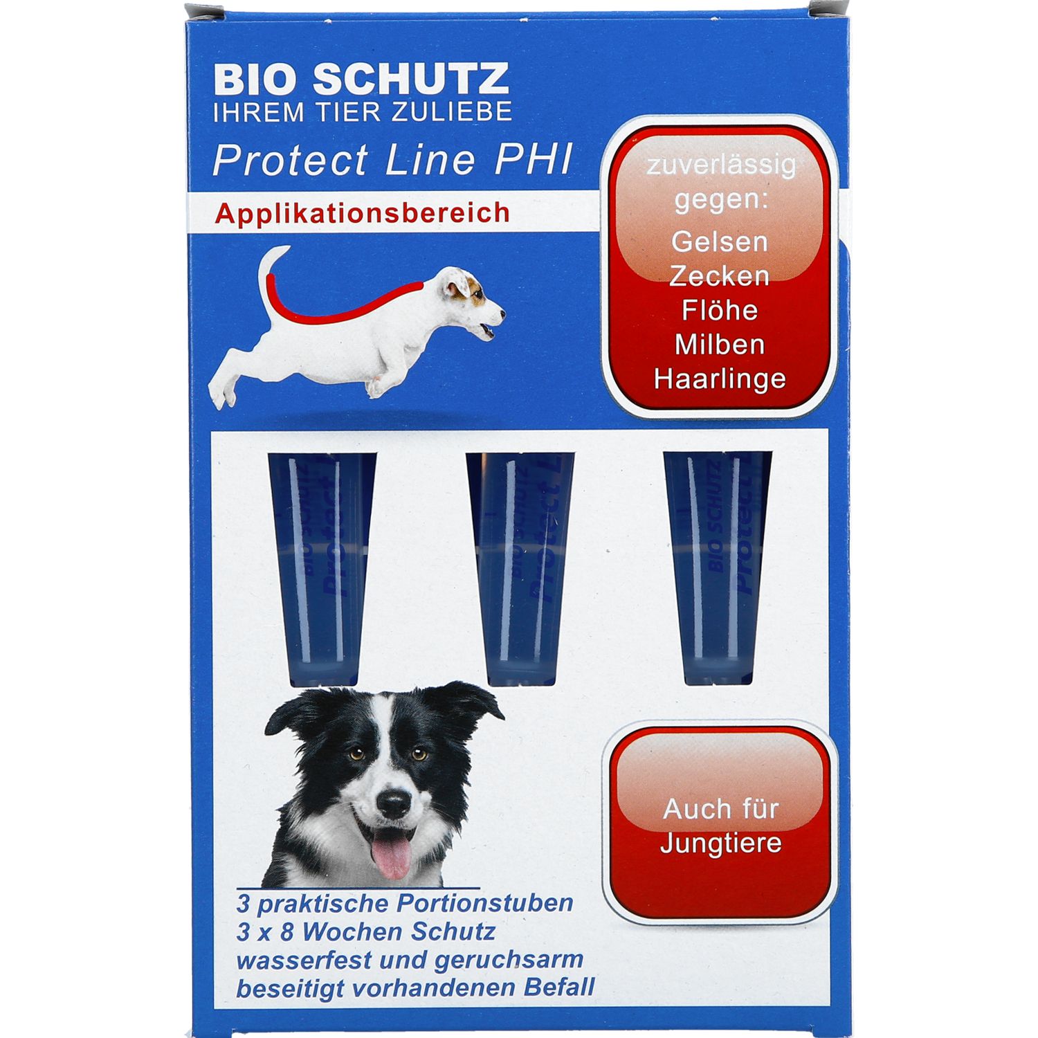 Verpackung mit drei Portionstuben. Text: Bio Schutz, Protect Line PHI. Abbildung: Hund. Gegen Zecken, Flöhe, Milben, Haarlinge.