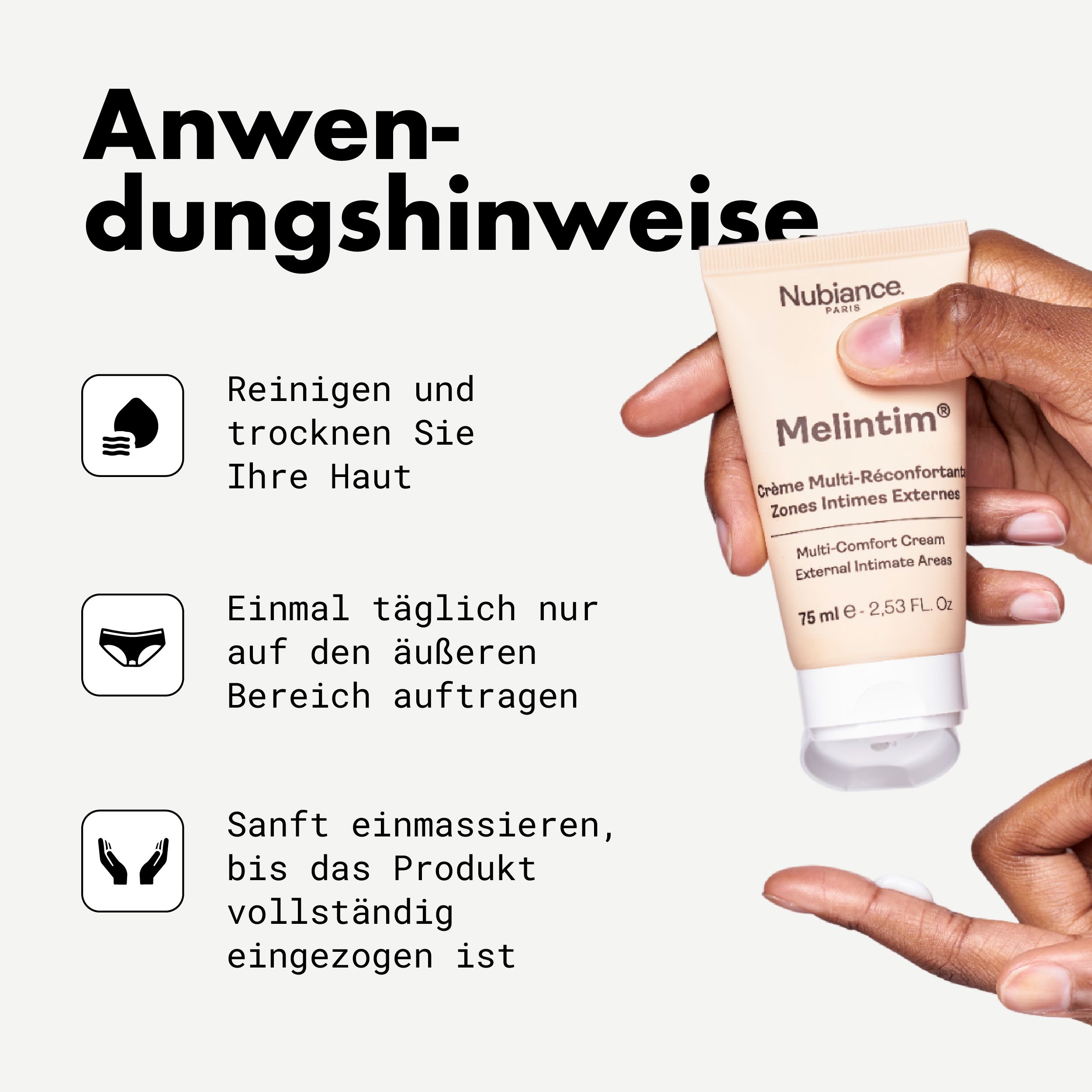 Produkt-Tube in Hand. Text: Reinigen, auftragen, einmassieren. Produktname: Melintim.