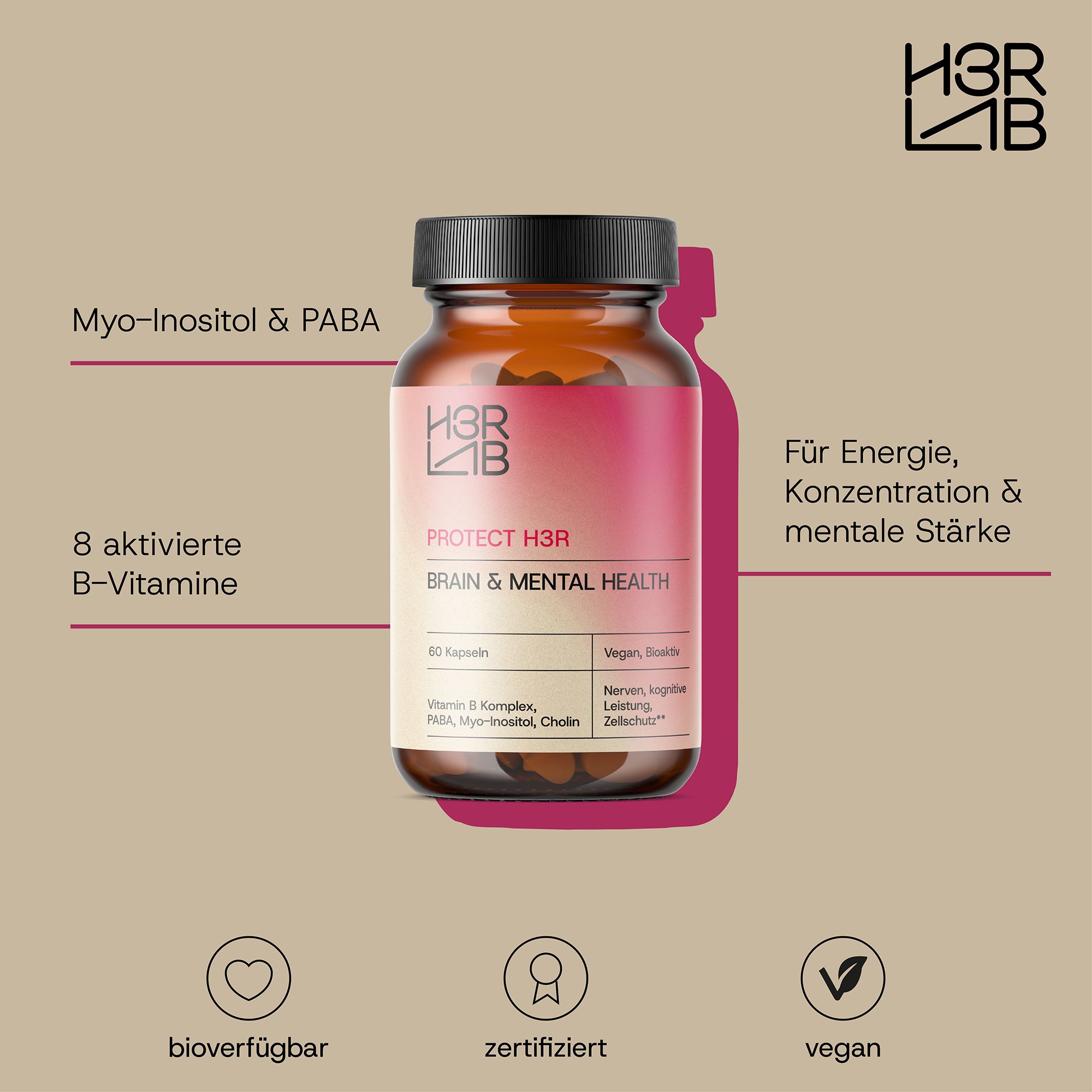 H3R LAB Brain & Mental Health – 8 B-Vitamine, Myo-Inositol & PABA für Fokus & Nervenbalance
