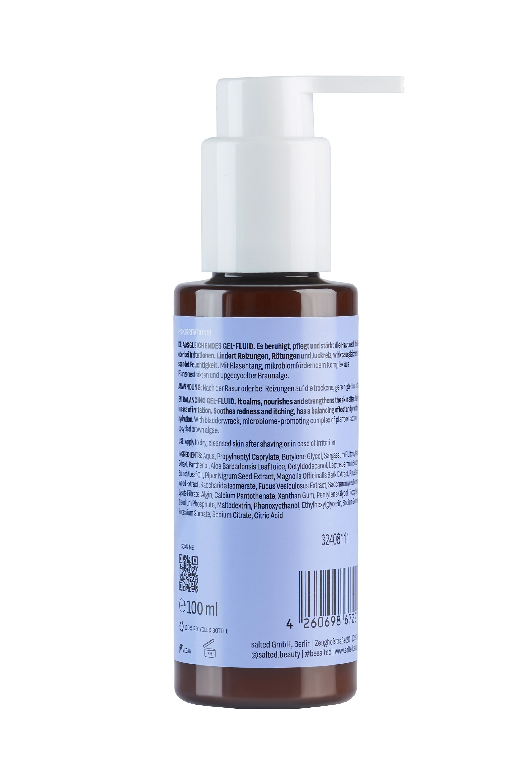 Braune Pumpflasche mit Etikett, das Inhaltsstoffe und Anwendungshinweise auflistet. 100 ml.