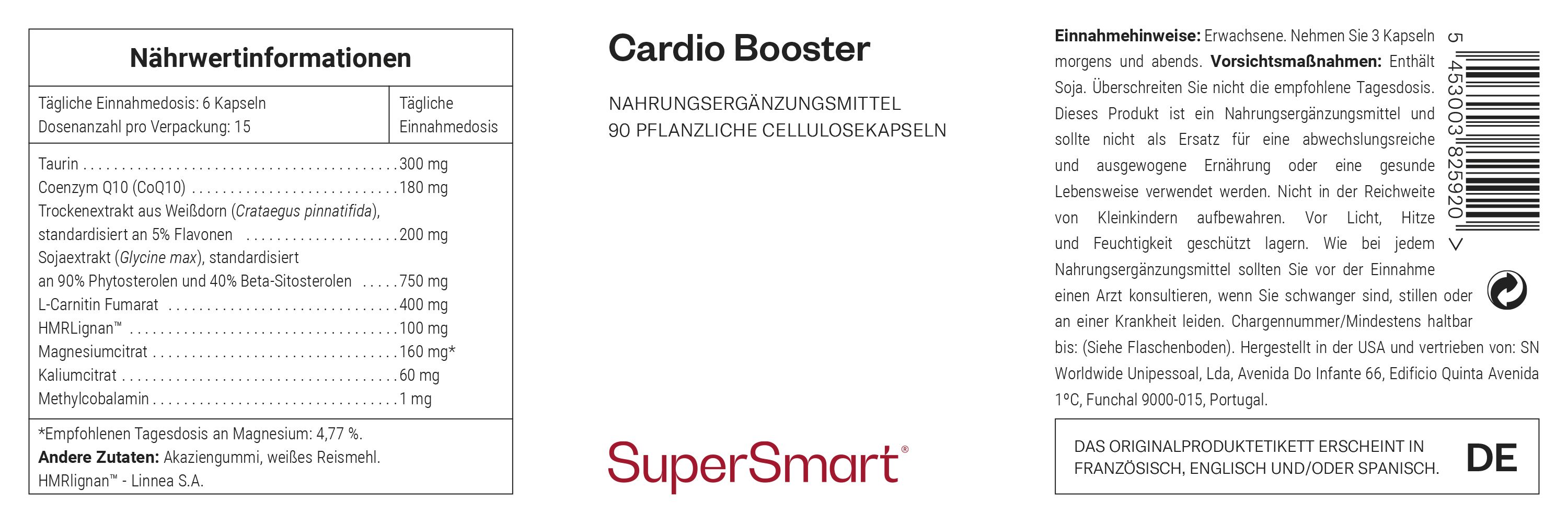 Etikett mit Produktinformationen. "Cardio Booster" und "SuperSmart" sind sichtbar. Enthält Nährwertangaben und Inhaltsstoffe.