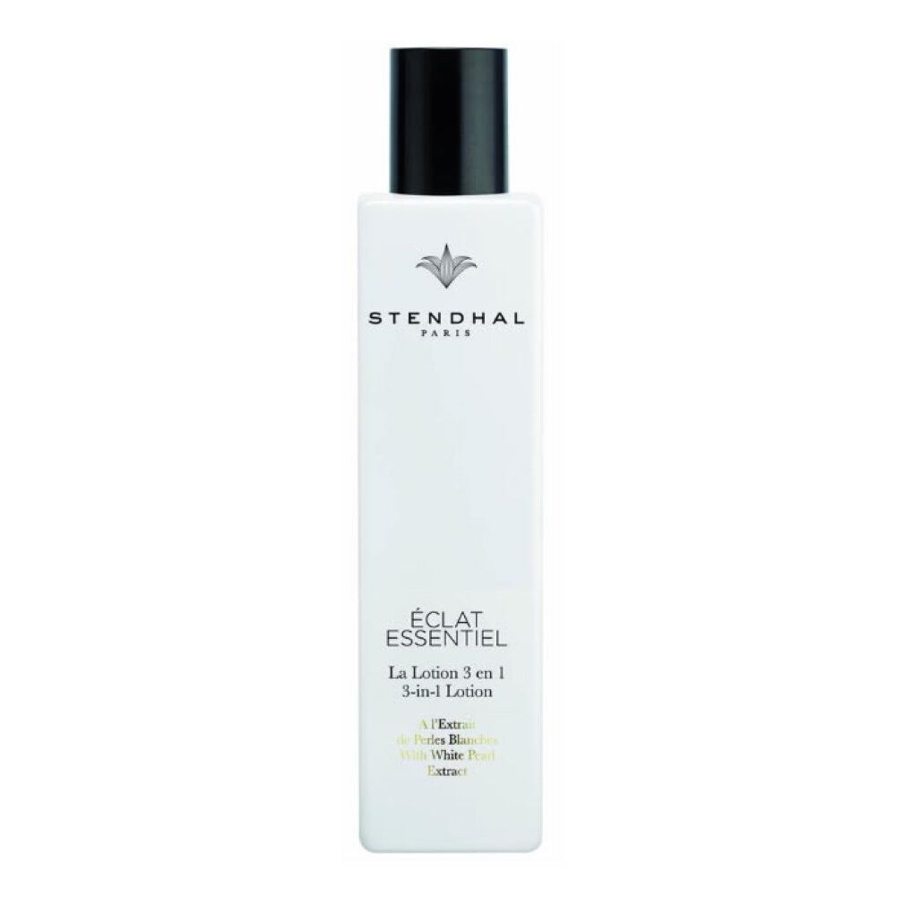Stendhal Paris Éclat Essentiel 3-in-1 Lotion in weißer Flasche mit schwarzem Deckel.