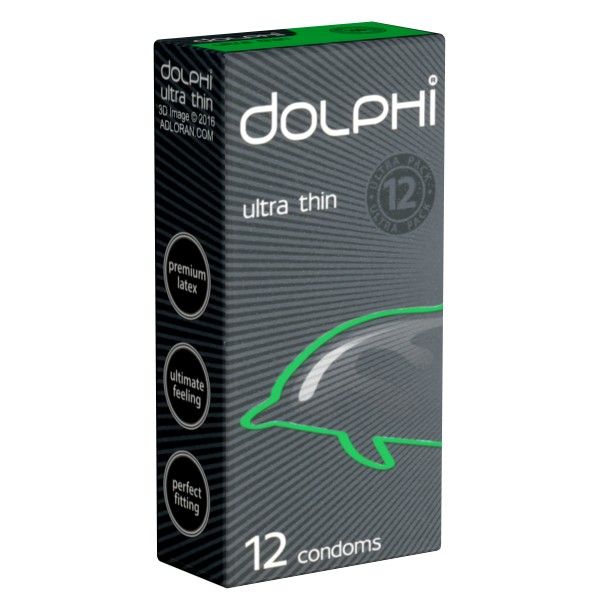 Schachtel mit Kondomen. Marke DOLPHI, "ultra thin". 12 Stück. Aufdrucke: Premium Latex, Ultimate Feeling, Perfect Fitting.