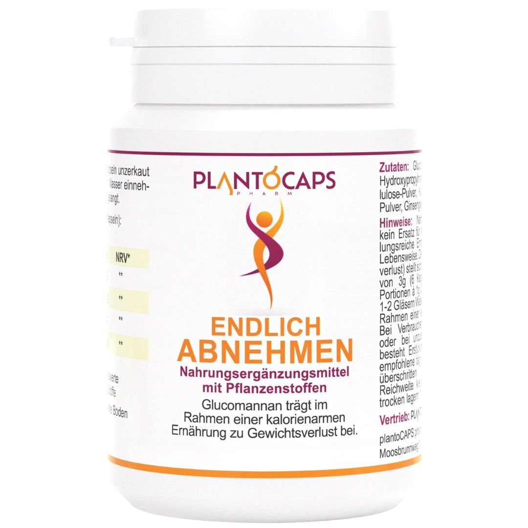 Weiße Flasche mit Kapseln. Aufschrift: plantoCAPS, ENDLICH ABNEHMEN. Nahrungsergänzungsmittel mit Pflanzenstoffen.