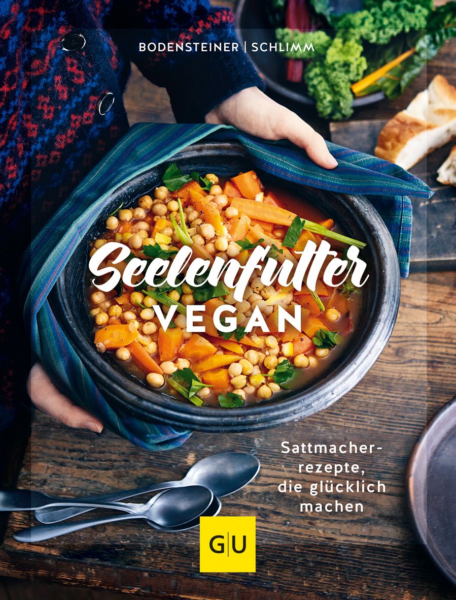 Kochbuch mit dem Titel "Seelenfutter vegan". Aufschrift "Sattmacher-Rezepte, die glücklich machen". GU-Verlag Logo.