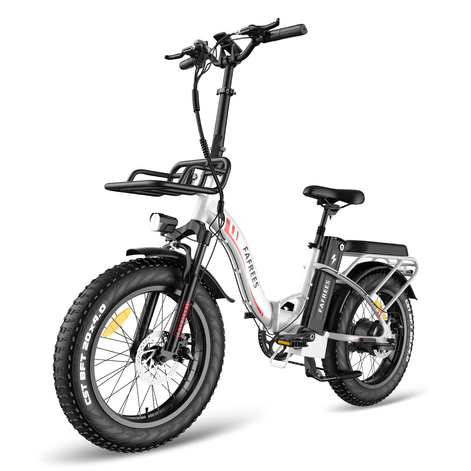 Weißes Fafrees F20 Max Elektrofahrrad. Schwarze Reifen, Gepäckträger, Frontkorb. Batterie und Marke sichtbar.