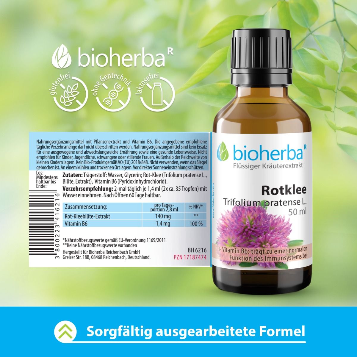 Braune Glasflasche mit Etikett. Text: Rotklee, Trifolium pratense L. 50 ml. Zusätzliche Informationen und Zertifizierungen.