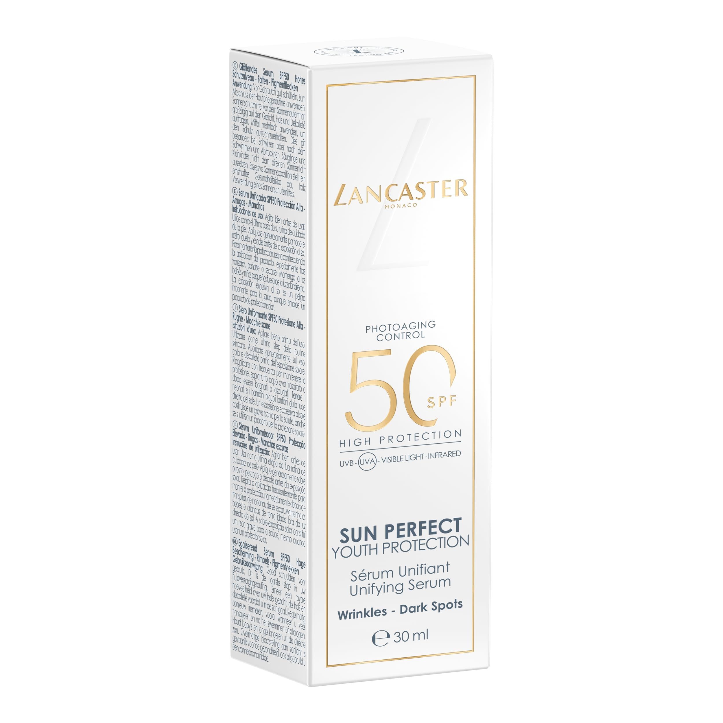 Produktverpackung. Aufschrift: Lancaster, 50 SPF, Sun Perfect Youth Protection. Gegen Falten und dunkle Flecken. 30 ml.