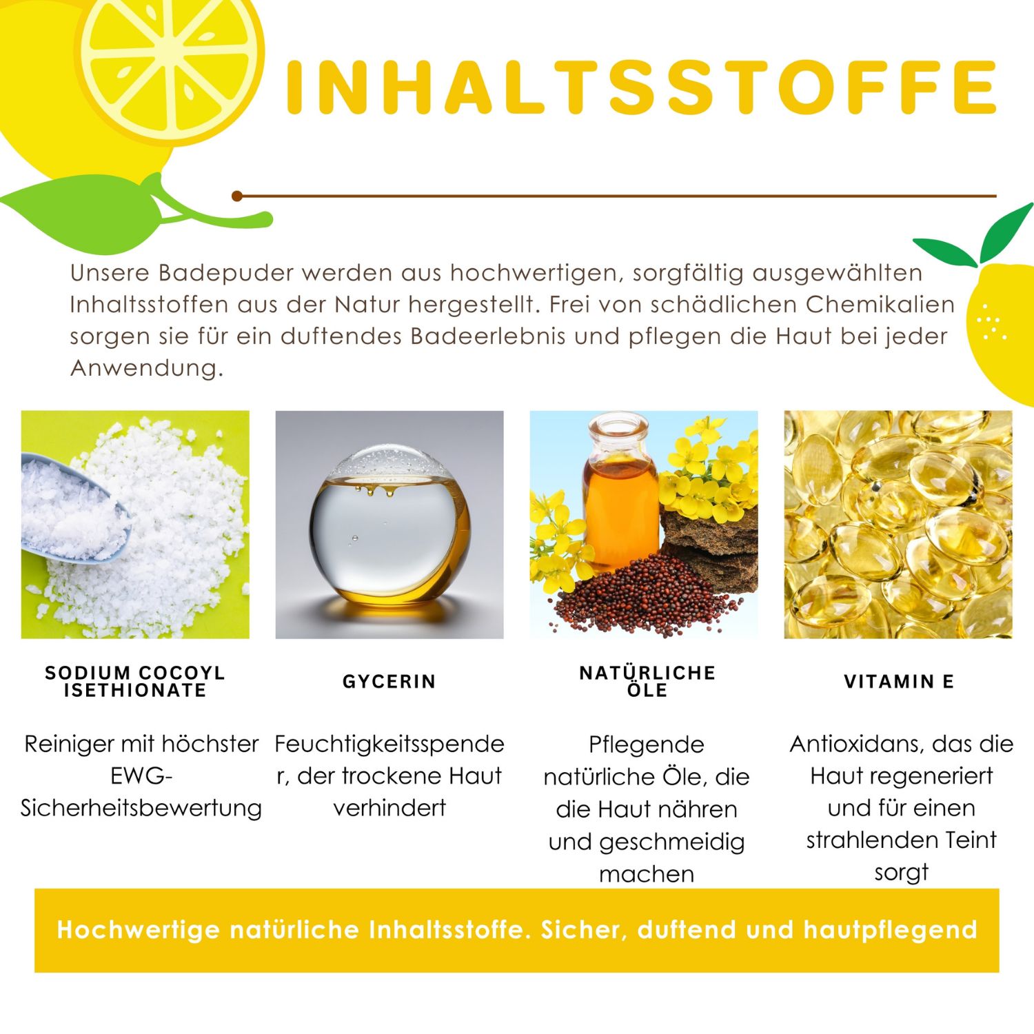 Grafik mit Inhaltsstoffen: Sodium Cocoyl Isethionate, Glycerin, natürliche Öle, Vitamin E. Text in Deutsch.