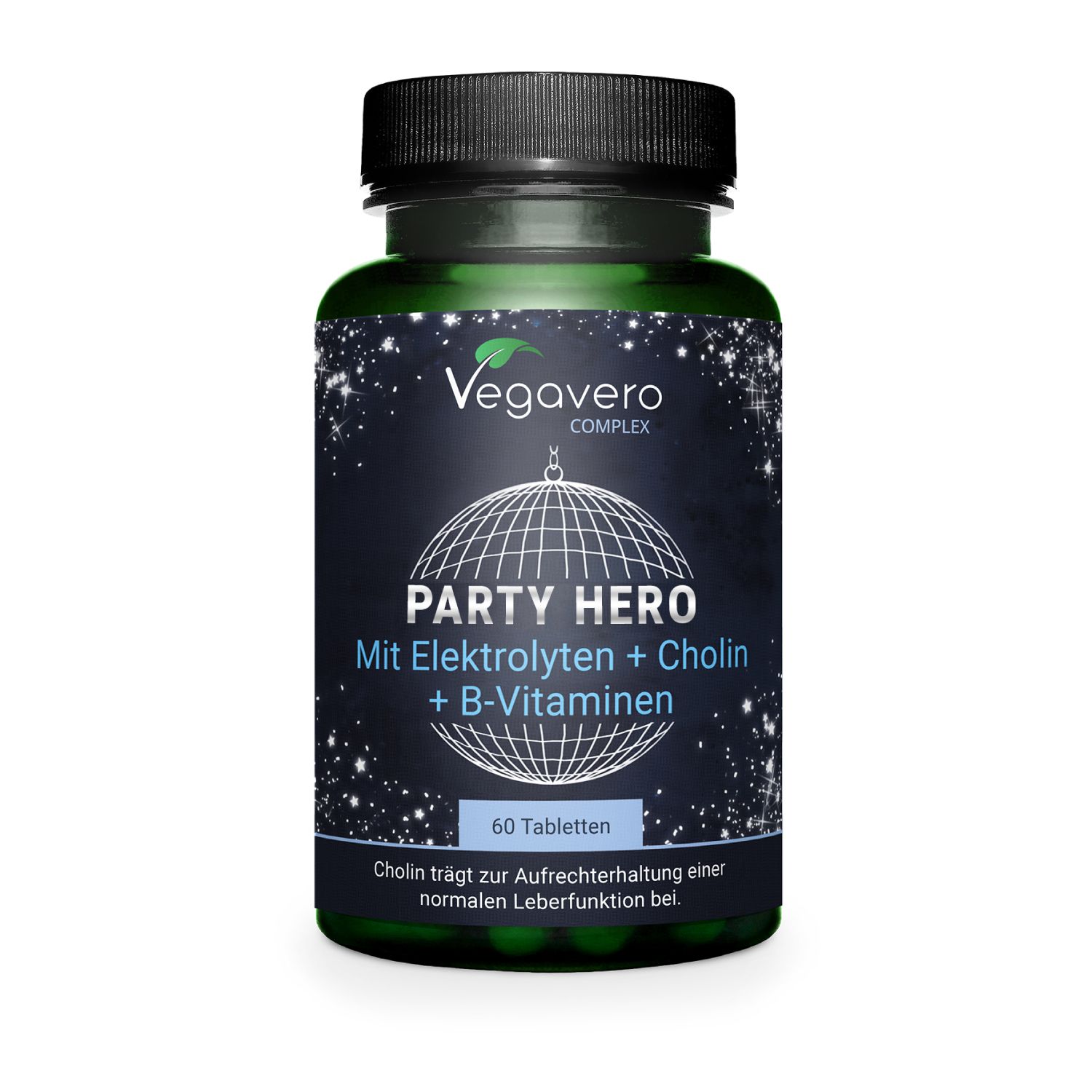 Grüne Tablettenflasche mit schwarzem Deckel. Aufschrift: Vegavaro, Party Hero, Elektrolyten, Cholin, B-Vitamine. 60 Tabletten.