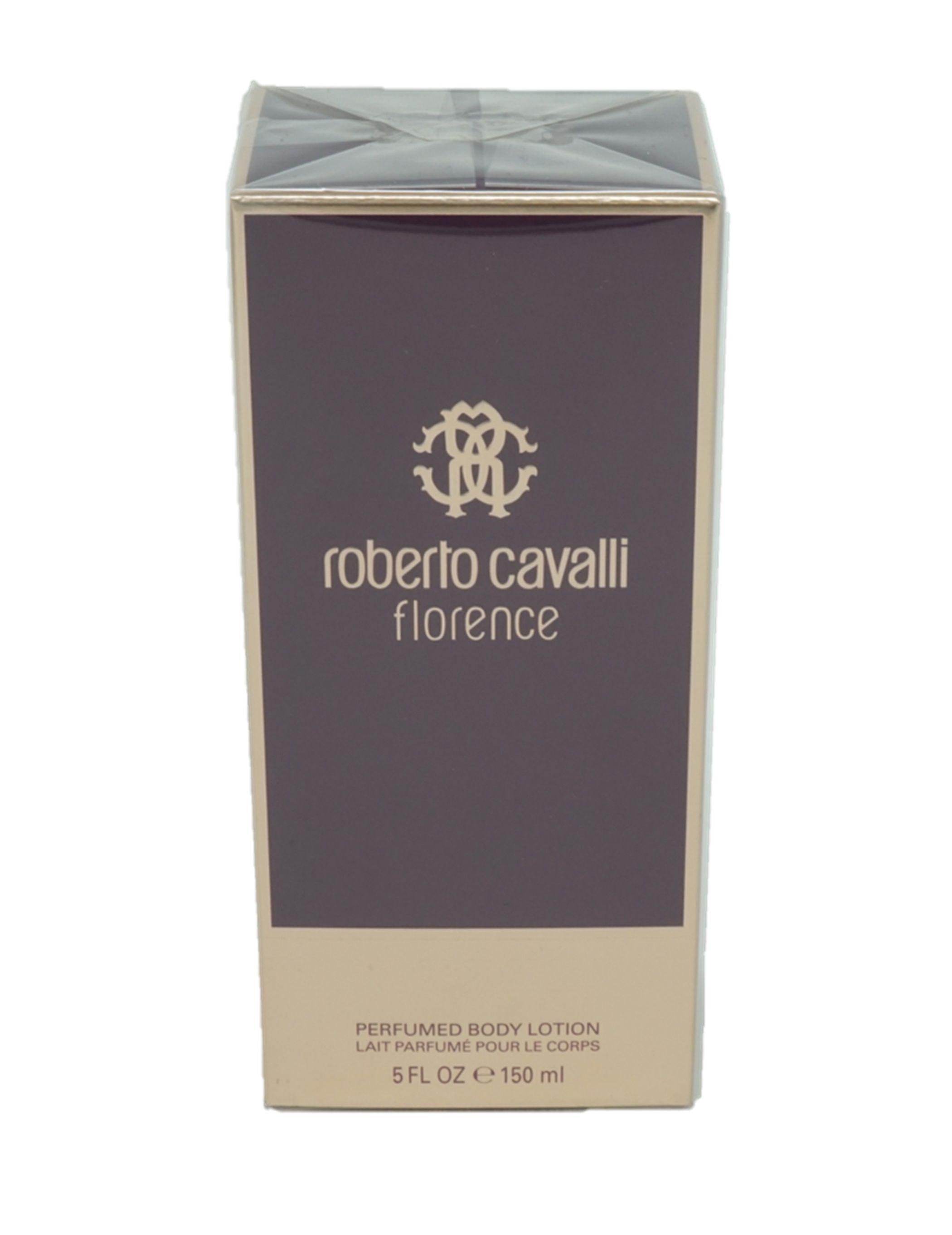 Karton für Roberto Cavalli Florence Bodylotion. Logo und Schriftzug auf dunkelbraunem Hintergrund. Unterseite beige.