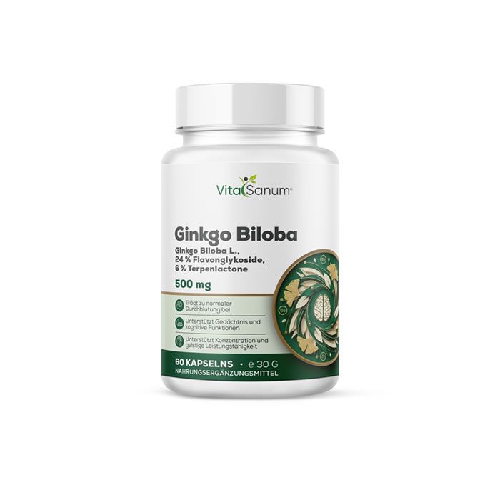 Weiße Flasche VitaSanum® Ginkgo Biloba. Etikett mit Produktinformationen und 60 Kapseln. Grünes Logo mit Blättern.