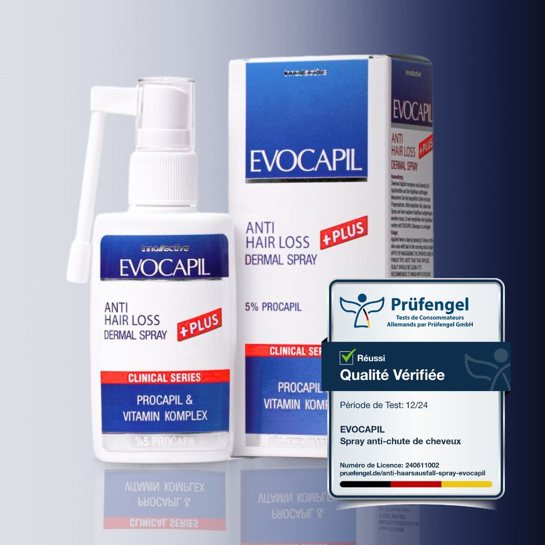 Evocapil Plus Anti-Haaruitval Spray en verpakking. Witte spray met blauw etiket. Keurmerk.