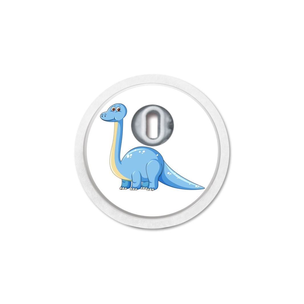 Runder Aufkleber mit blauem Brachiosaurus-Dino und silberner Zahl.