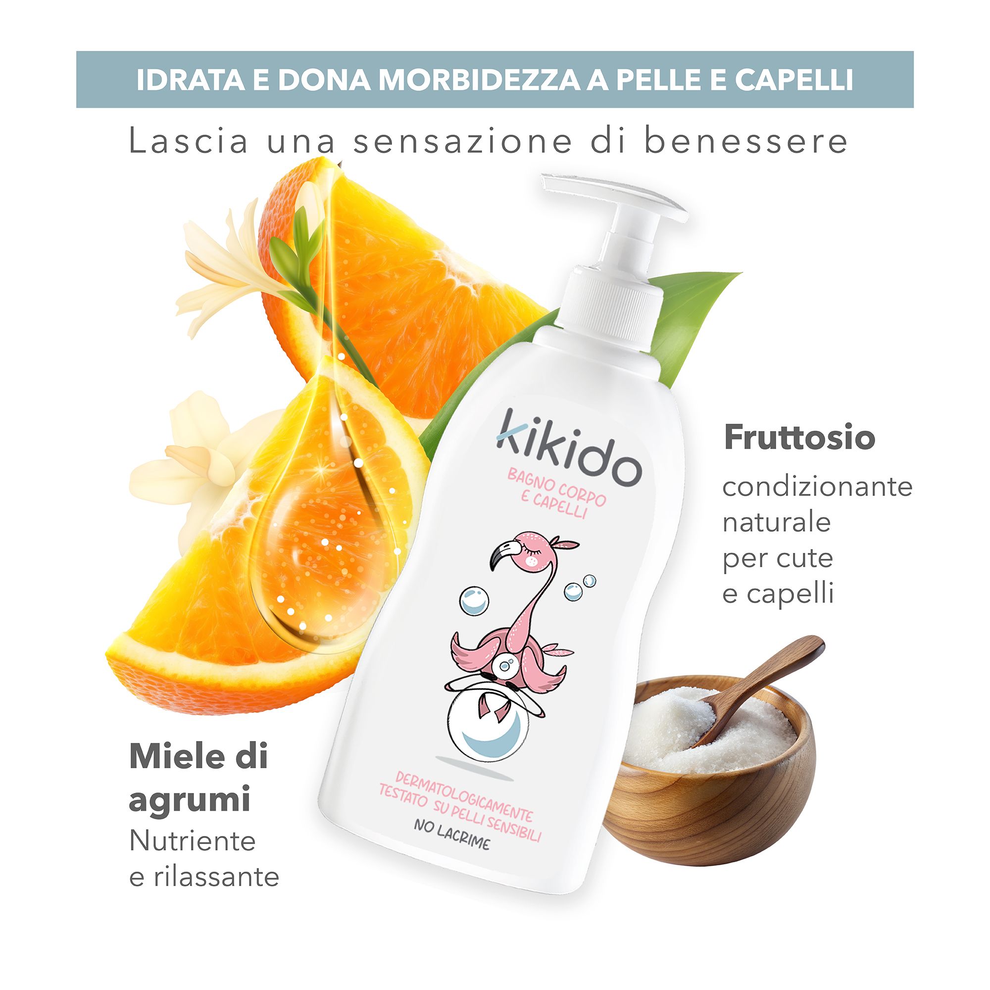Weißer Spender mit Text: Kikido, bagno corpo e capelli, dermatologisch getestet, No Lacrime. Grafiken: Orangen, Honig, Fruchtzucker.