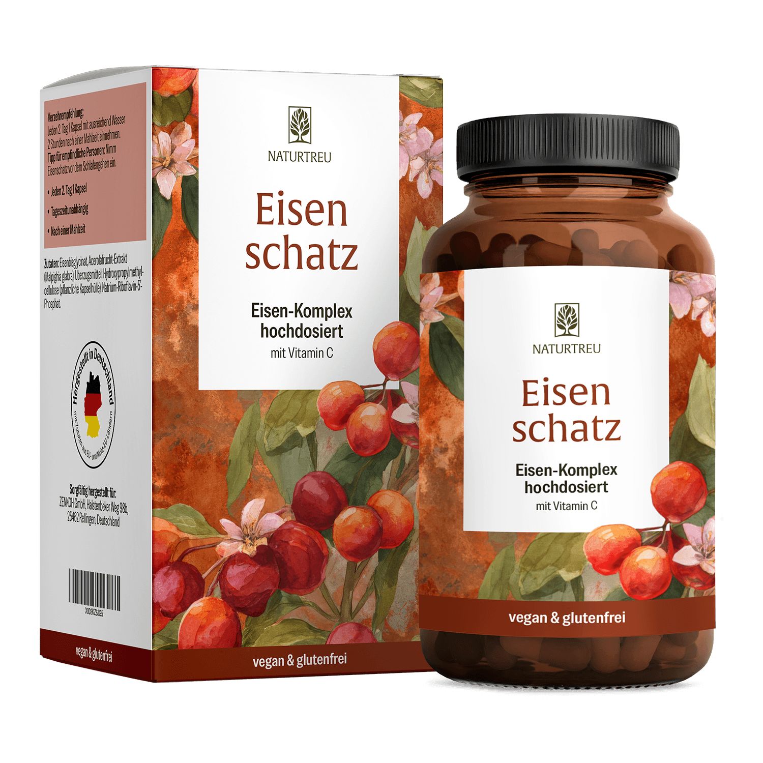 Eisen hochdosiert mit Vitamin C & B2 Eisenbisglycinat Eisenschatz 180 vegane Kapseln Naturtreu® 82 g