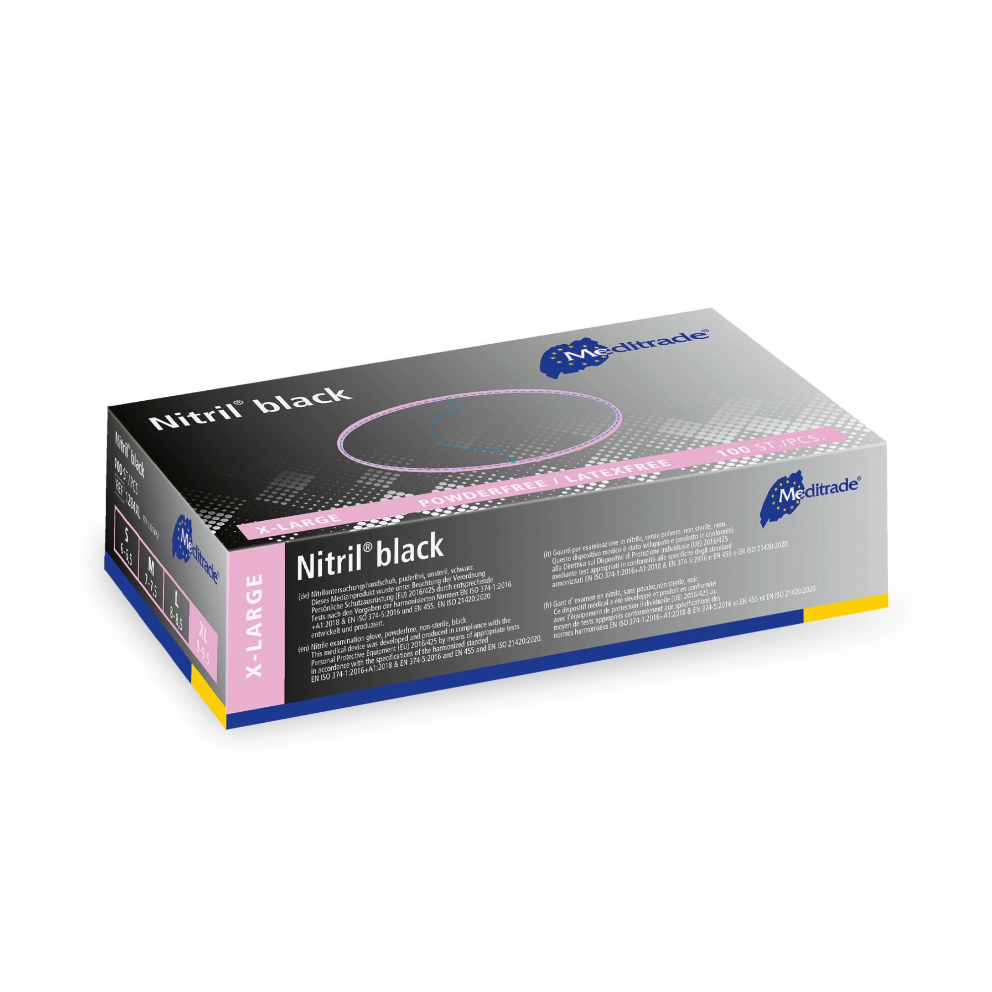 Meditrade Nitril black Einmalhandschuhe, Größe XL, in Verpackung. Schwarze Handschuhe, Produktbezeichnung und Logo sichtbar.