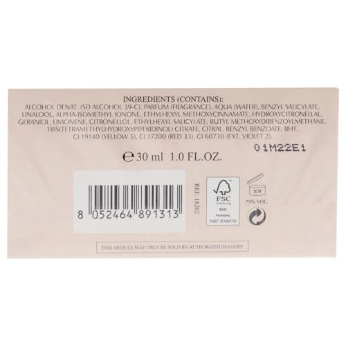 Rückseite der Verpackung von Signorina Eau de Parfum Spray. Enthält Inhaltsstoffe, Volumen, Barcode und FSC-Zertifizierung.