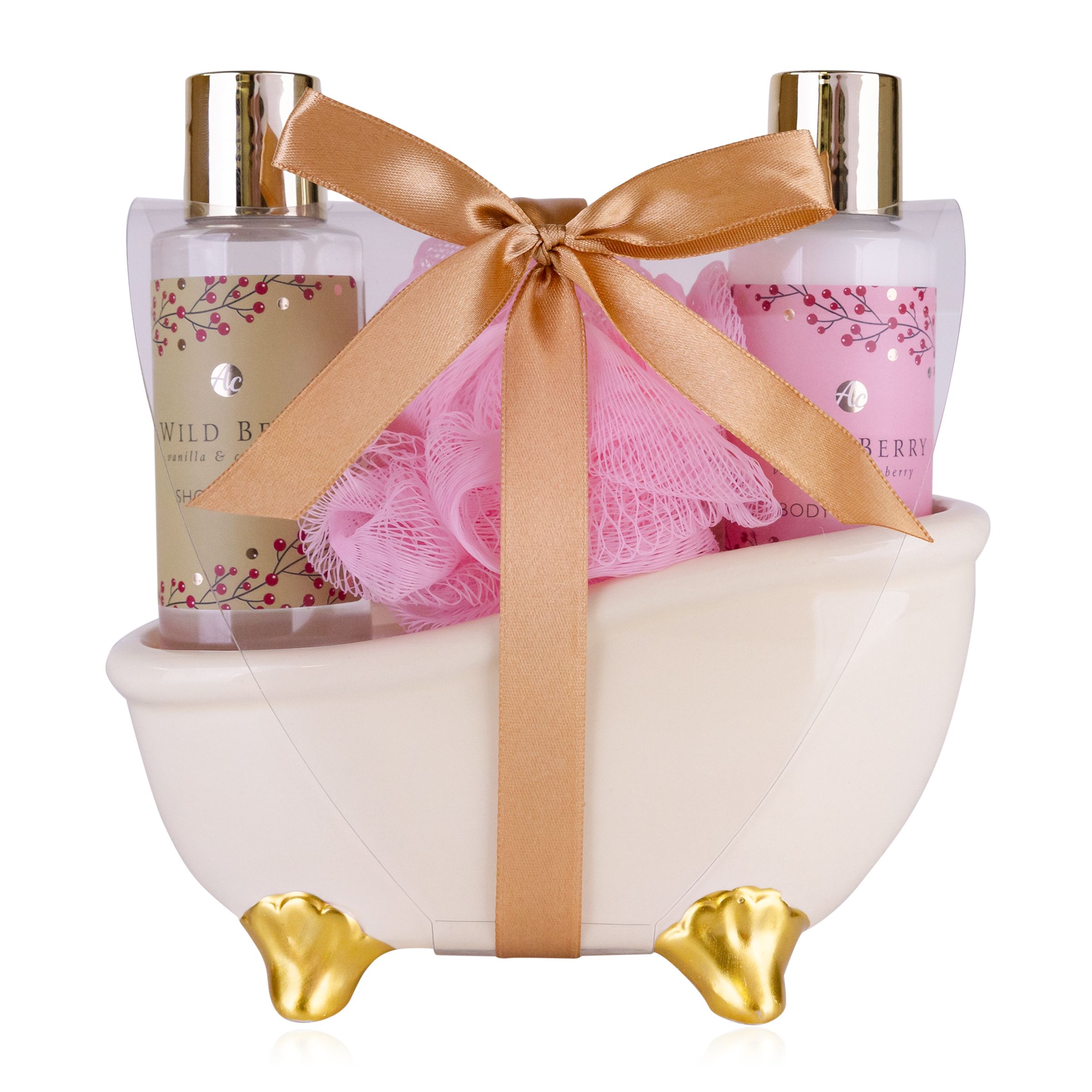 Geschenkset in Badewanne. Enthält zwei Flaschen, einen rosa Badeschwamm und ein goldenes Band. Die Badewanne ist weiß mit goldenen Füßen.
