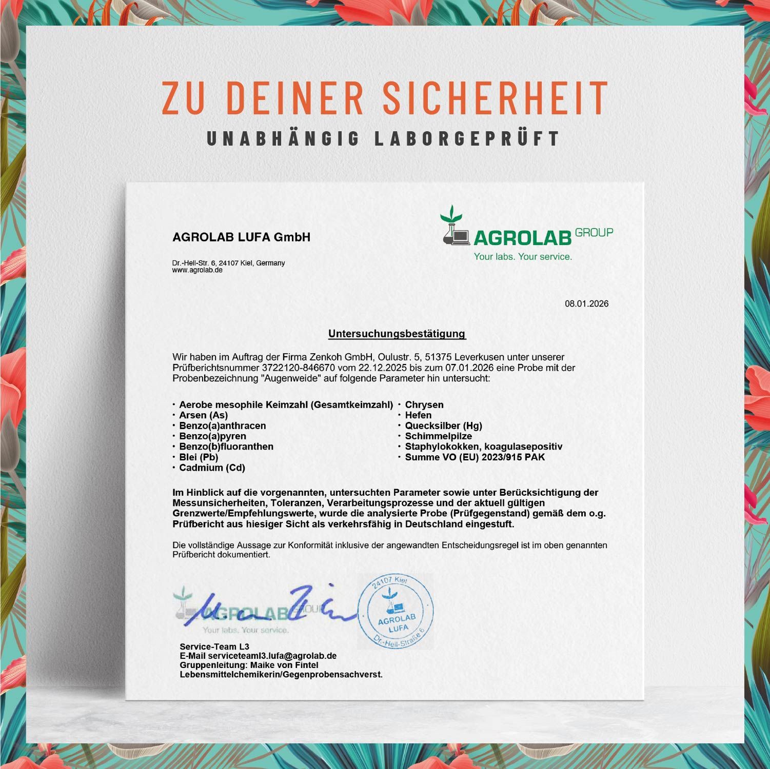 Zertifikat der Agrolab LUFA GmbH. Untersucht: Augenweide. Ergebnisse der Analyse. Unterschriften und Stempel.
