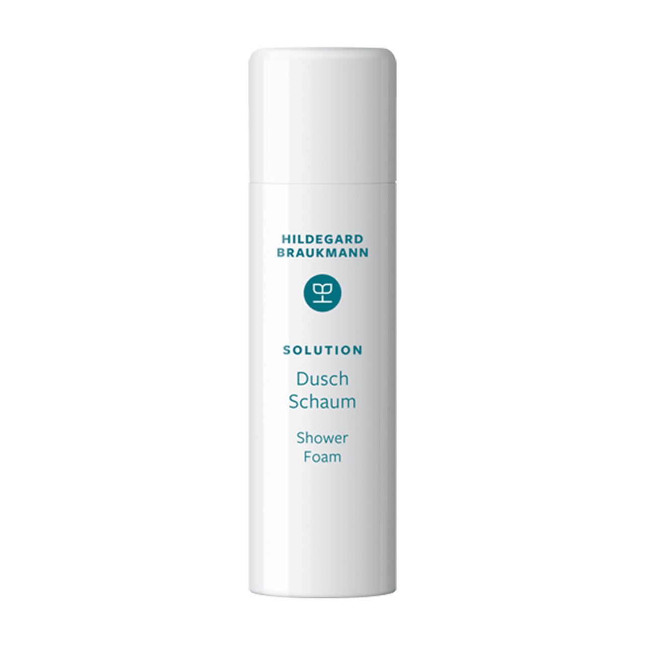 Hildegard Braukmann SOLUTION Dusch Schaum. Weiße Flasche mit Sprühkopf. Text: SOLUTION, Dusch Schaum, Shower Foam. Marke.