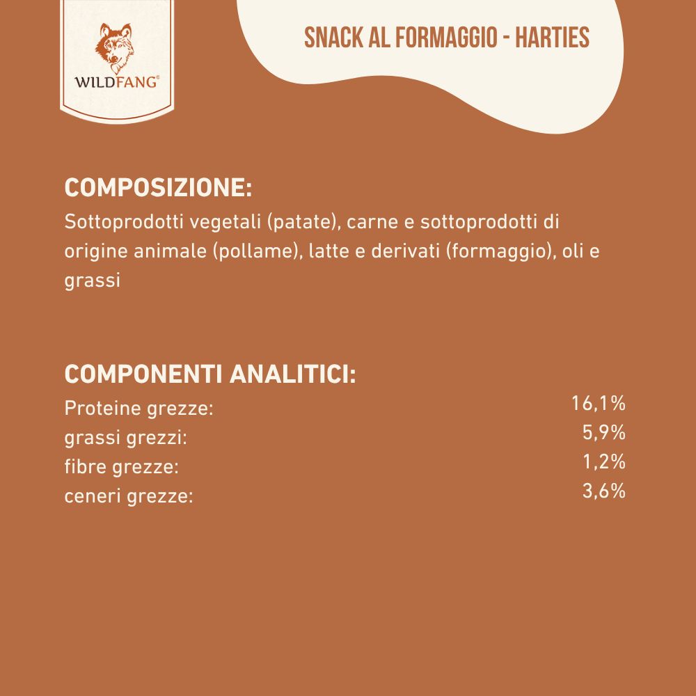 Zusammensetzung und Analyse von Snack al formaggio - Harties. Text in italienischer Sprache. Nährwertangaben.