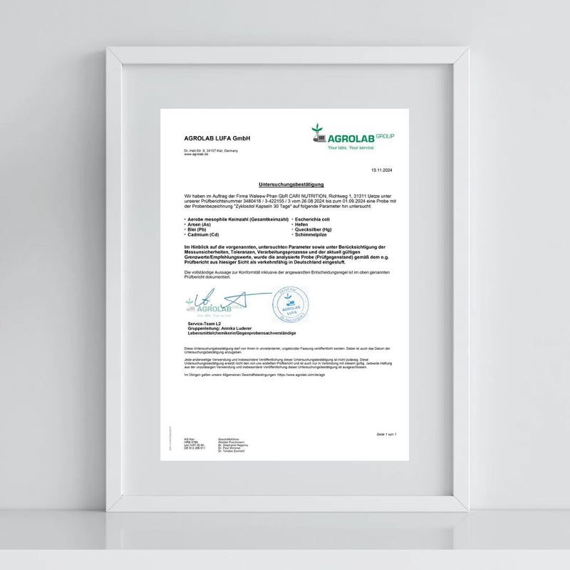 Laborbericht von AGROLAB für CARI NUTRITION zur Analyse von ZYKLOSITOL Kapseln. Datum: 22.11.2024.