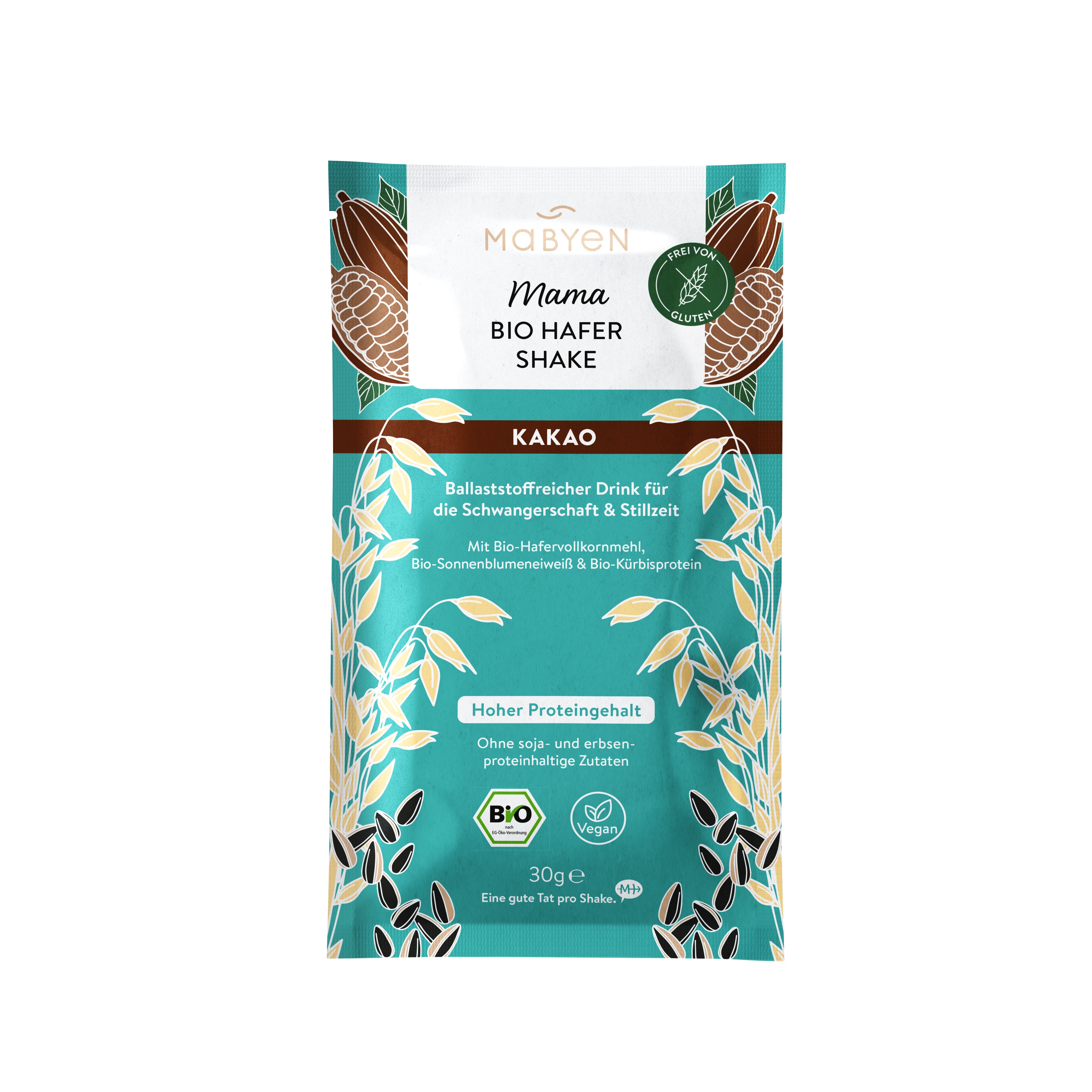 MABYEN Mama Bio Hafer Shake Kakao. Einzelpackung. Aufdrucke: Bio, 30g, glutenfrei, hoher Proteingehalt, Kakao.