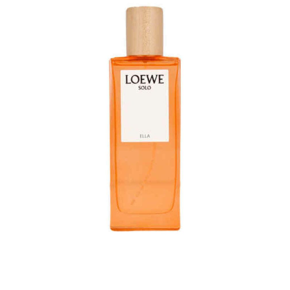 Loewe Solo Ella Eau de Parfum Spray. Rechteckiger Flakon mit Holzverschluss. Produktname und 'Ella' auf weißem Etikett sichtbar.