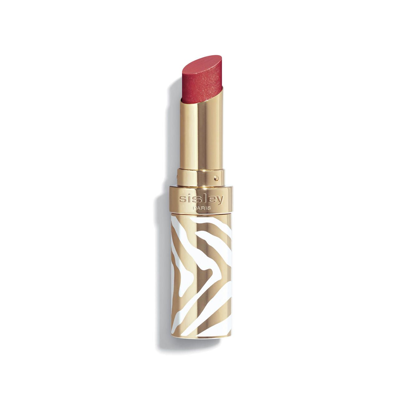 Lippenstift mit goldfarbenem Gehäuse und Zebra-Muster. Der Lippenstift ist teilweise ausgefahren und zeigt eine rote, glänzende Farbe.