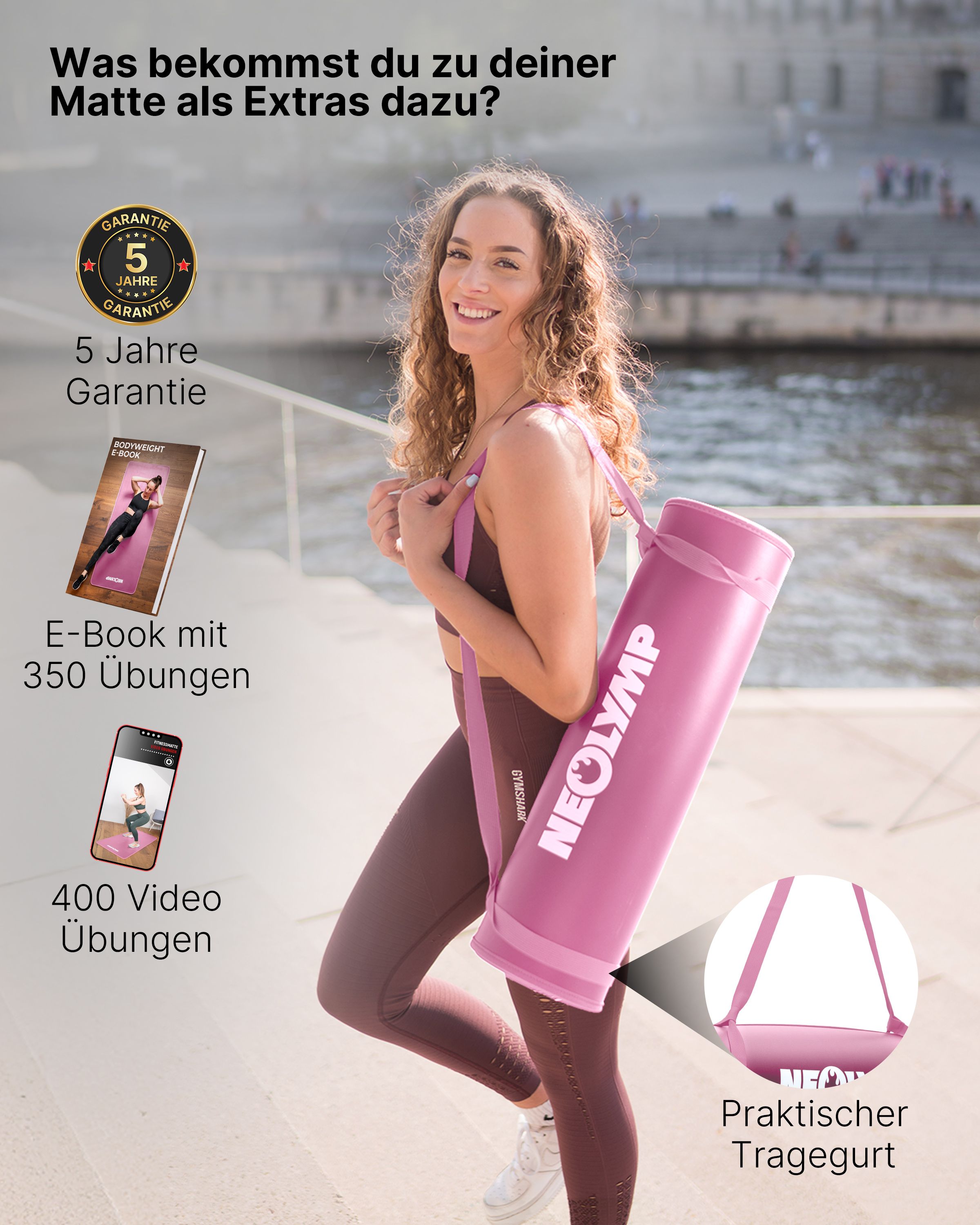 Frau mit rosa Fitnessmatte in Tragetasche. Auf der Tasche steht NEOLYMP. Inklusive E-Book und Video-Übungen.