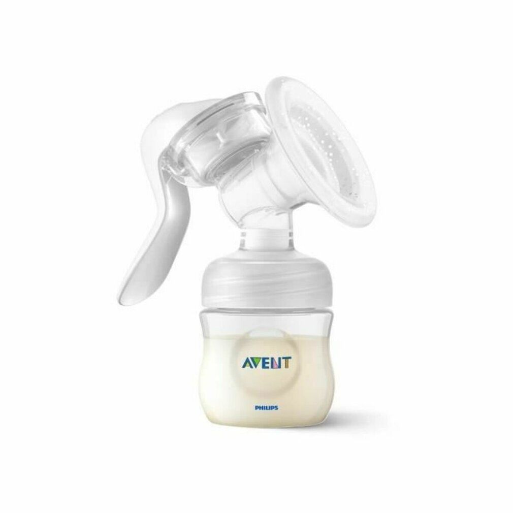 PHILIPS AVENT manuelle Milchpumpe. Transparente Pumpe, Flasche und Brusthaube. Milch sichtbar.