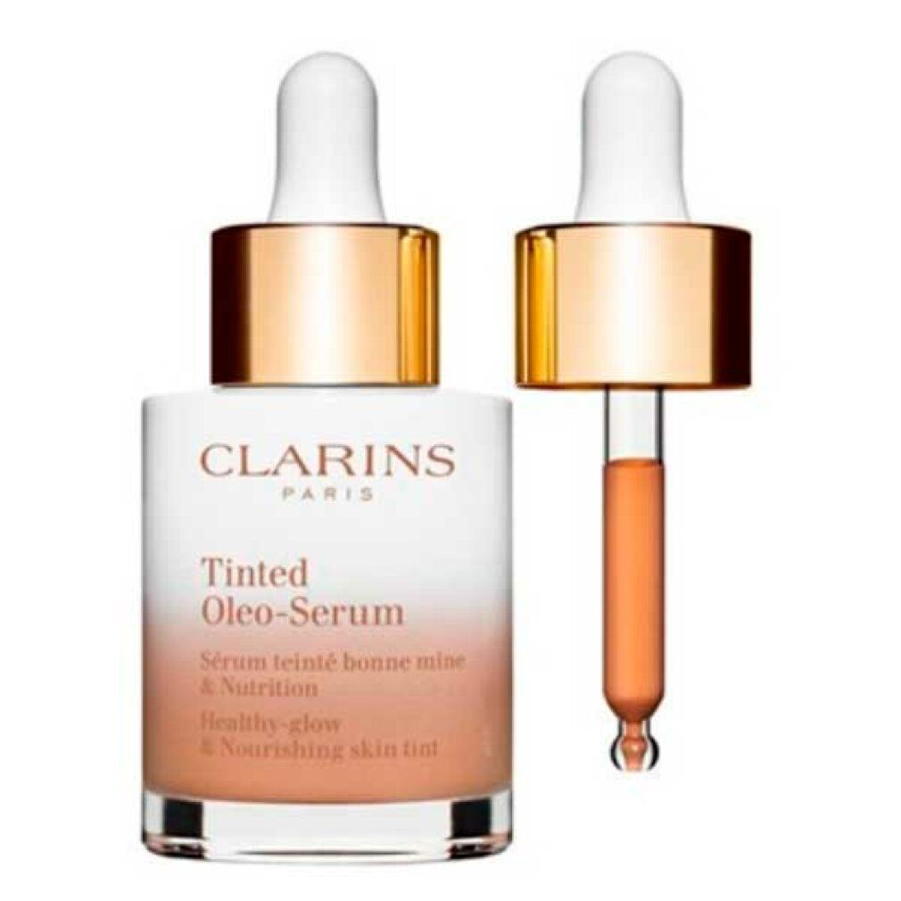 Clarins Tinted Oleo-Serum Flasche mit geöffneter Pipette. Weißes Glas, goldener Deckel, Produktbezeichnung.