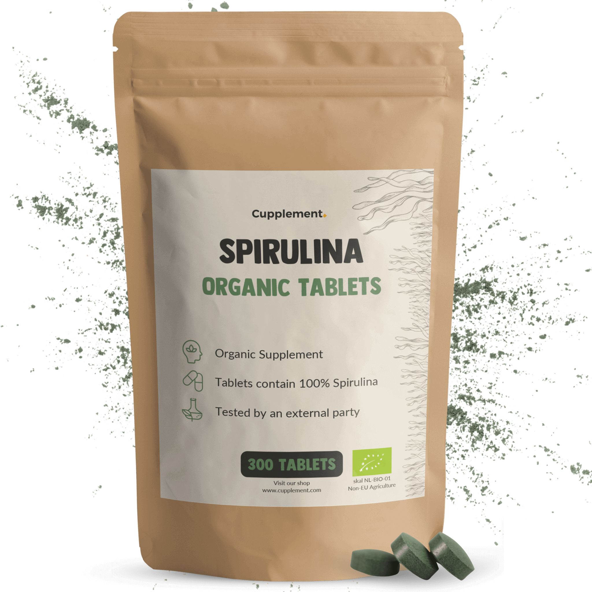 Braune Tüte mit Spirulina-Tabletten. Text: Cupplement, Spirulina Organic Tablets, 300 Tabletten. Drei grüne Tabletten.